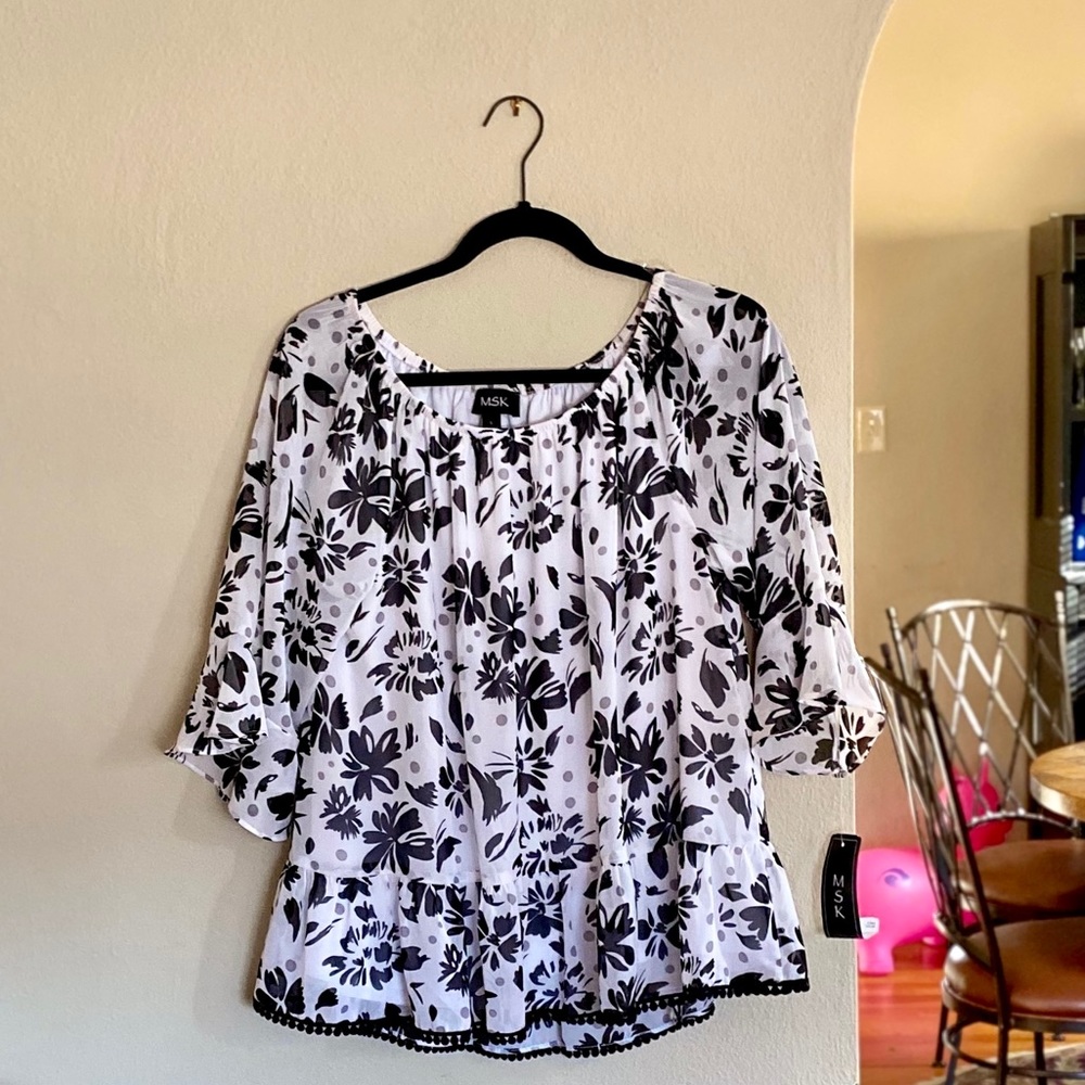 MSK Black & White Peasant Blouse